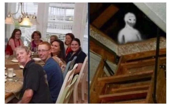 A two-panel split image: the left side shows a group of smiling people posing for a family photo at a dining table, while the right side shows a creepy, pale, hairless figure standing ominously at the top of a wooden staircase in an attic.