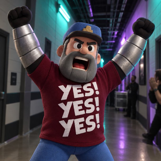 3D rendered character with a beard wearing a maroon 'YES! YES! YES!' shirt, metal arm gauntlets, and a police-style cap, posing with raised fists in a hallway.