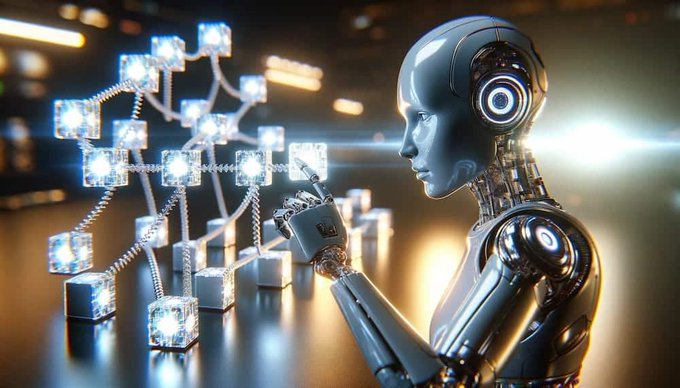 A humanoid robot examines glowing cubic blockchain nodes connected by light beams in a futuristic setting.