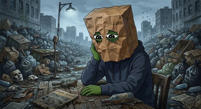 An illustration depicts a green-skinned figure wearing a brown paper bag over their head, sitting sadly at a wooden table in a desolate urban landscape filled with trash bags and debris.