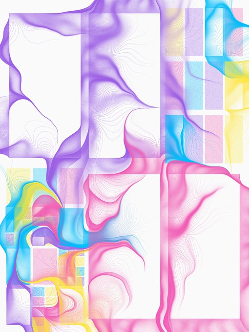 An abstract digital artwork featuring flowing, wavy line patterns in purple, pink, blue, and yellow colors arranged in a grid-like layout with rectangular blocks.