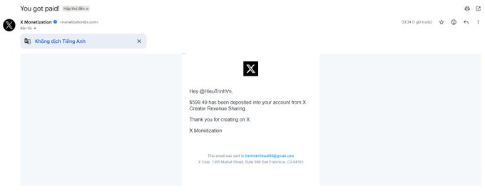 An email receipt from X Monetization notifying @HeuTrenTVn that $599.49 USD has been deposited into their account via X Creator Revenue Sharing.