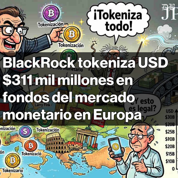 A cartoon-style illustration titled 'BlackRock tokeniza USD $311 mil millones en fondos del mercado monetario en Europa' shows caricature figures and Bitcoin-themed 'Tokenización' logos over a map of Europe.