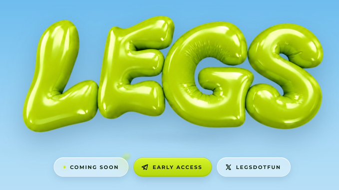 The image shows a glossy, 3D green balloon-style "LEGS" logo on a light blue background, with "COMING SOON," "EARLY ACCESS," and "LEGSDOTFUN" buttons below. It serves as a promotional teaser for the upcoming legs.fun platform, as announced by Robinhood Crypto.