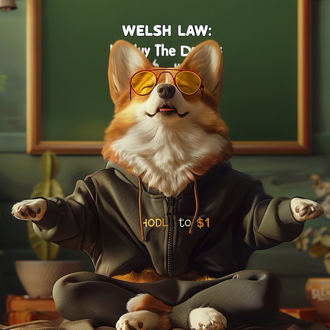 A meme image of a corgi dog wearing sunglasses and a black hoodie with text reading 'WELSH LAW:' and 'HODL to $1', sitting in a meditation pose in front of a chalkboard.