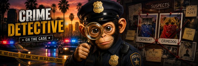Promotional banner for a game titled 'CRIME DETECTIVE ON THE CASE' featuring a monkey in a police uniform holding a magnifying glass, with a suspect board in the background listing 'CRIMECAT' and 'CRIMEDOG'.