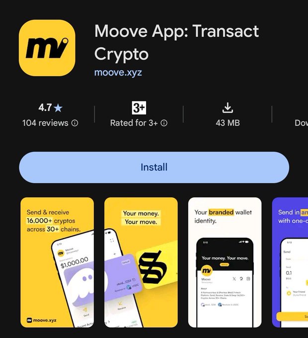 A Google Play Store listing for the "Moove App: Transact Crypto" by moove.xyz, showing a 4.7-star rating from 104 reviews, a 3+ age rating, and 43 MB download size.