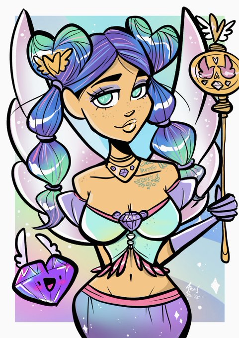 A colorful digital illustration of a fairy-like character with blue and green braided hair, fairy wings, and a scepter, accompanied by a small purple creature.