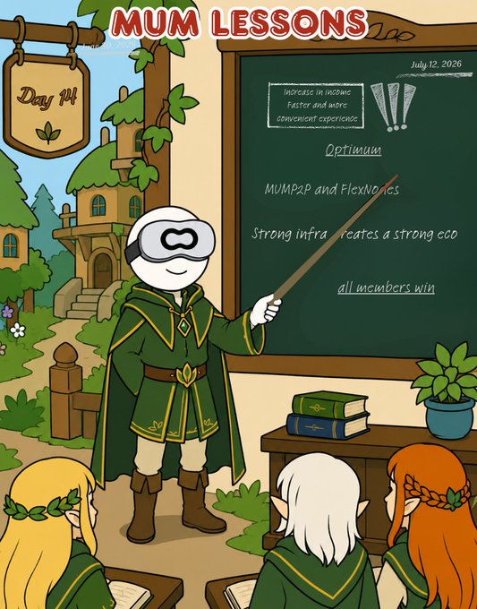 A cartoon 'MUM LESSONS' classroom scene (Day 14, July 12, 2026) featuring a VR headset-wearing teacher pointing at a chalkboard with text including 'Optimum', 'MUMPAP and FlexNodes', and 'all members win'.