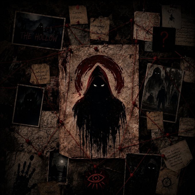 A dark, spooky collage featuring a central drawing of a hooded figure with glowing white eyes, surrounded by scattered notes, photos, and red strings pinned to a wall.