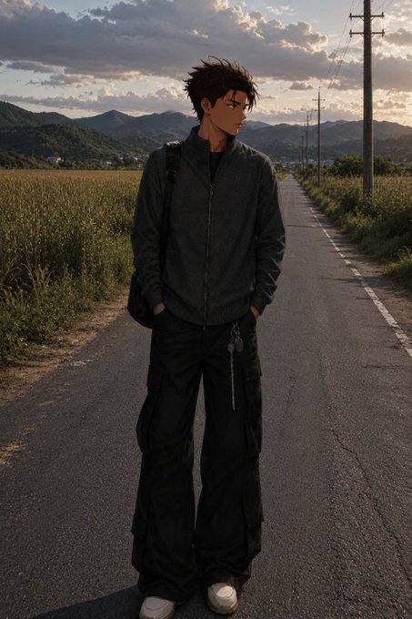 An anime-style illustration of a young man with brown hair wearing a dark jacket and black cargo pants, standing on a rural road with mountains in the background during sunset.