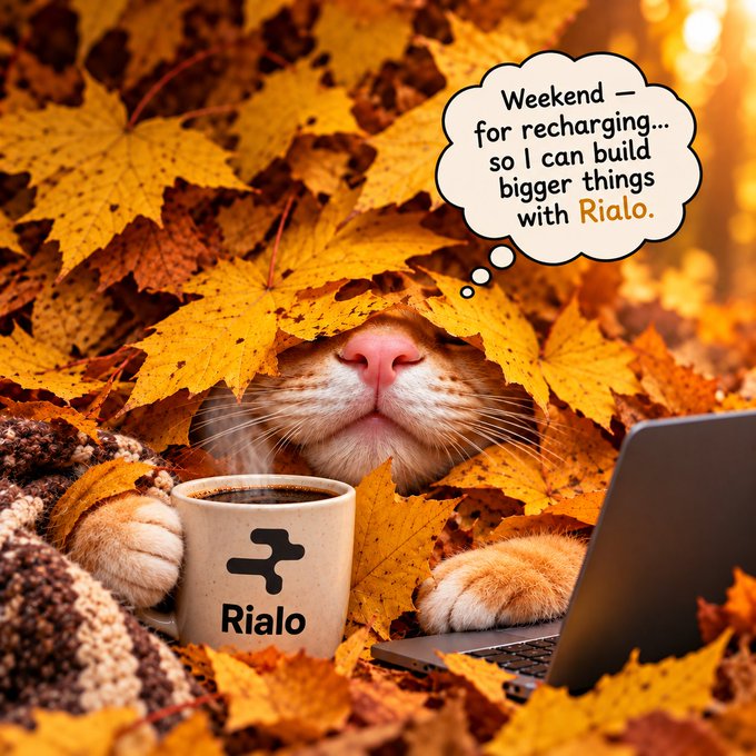 An advertisement featuring a cat nestled in autumn leaves with a coffee mug and laptop, both branded with the 'Rialo' logo. A thought bubble reads 'Weekend — for recharging... so I can build bigger things with Rialo.'