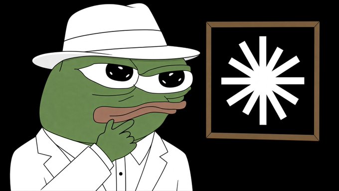 A cartoon illustration of Pepe the Frog dressed in a white suit and fedora, posed thoughtfully next to a framed abstract symbol.
