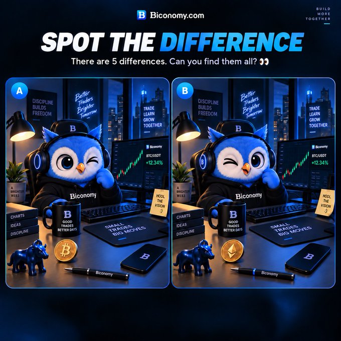 A "Spot the Difference" puzzle by Biconomy.com showing two nearly identical images of a blue owl mascot at a trading desk, with a note that there are 5 differences to find; visible text includes "BTC/USDT +12.34%", "DISCIPLINE BUILDS FREEDOM", "TRADE LEARN GROW TOGETHER", and "SMALL TRADES BIG MOVES".