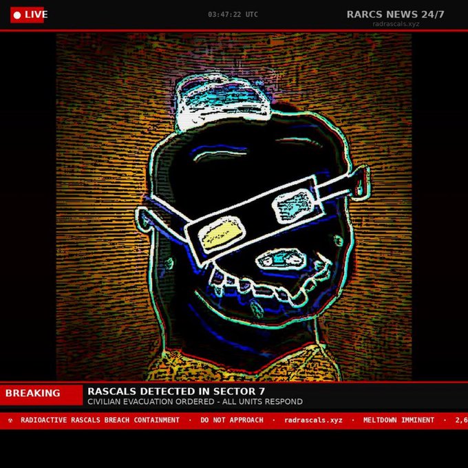 A glitchy, distorted digital art piece labeled "RASCALS DETECTED IN SECTOR 7" on a "RARCS NEWS 24/7" broadcast, featuring a stylized character with dollar-sign glasses against static background—promoting a radrascalsART NFT giveaway for 4 GTD spots with 2,669 supply at 0.0005 ETH.