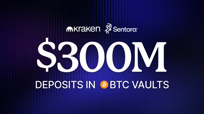 A promotional graphic with a dark purple gradient background featuring the Kraken and Sentora logos at the top, displaying "$300M DEPOSITS IN BTC VAULTS" in large white text with a Bitcoin logo. The image celebrates a $300 million milestone in Kraken's BTC vaults, highlighting the achievement of their Earn program powered by Sentora.