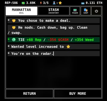 A screenshot from the game "BITCITY" showing a drug deal transaction in Manhattan with text: "You chose to make a deal," "He nods. Cash down, bag up. Clean / swap," and stats showing "+60 Rep / -354 $CASH / +354 Weed" with a wanted level increased.