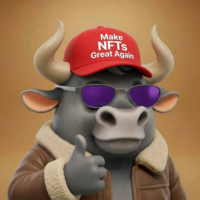 A 3D-rendered cartoon bull wearing purple sunglasses and a red cap that reads "Make NFTs Great Again" gives a thumbs-up while sporting a brown shearling jacket, playfully tying into the post's celebration of the Bullpen reviving NFTs.