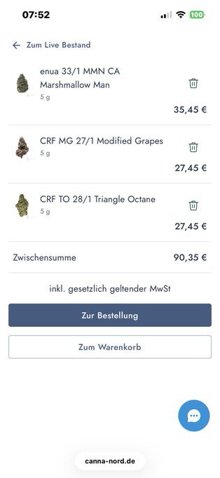 The image shows a smartphone screen displaying a shopping list for various items, including Cannabis products such as "Cannabis" and "Marijuana", along with other items like "Granulosa Man" and "Minty" that are sold at a store. The text on the screen is in German, which suggests that this might be an advertisement or promotional material for a foreign brand of Cannabis products.