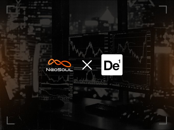 A promotional graphic showing a partnership between NeoSoul (with an orange infinity logo) and De¹ (DeFinance), overlaid on a dark background of trading screens with stock charts.