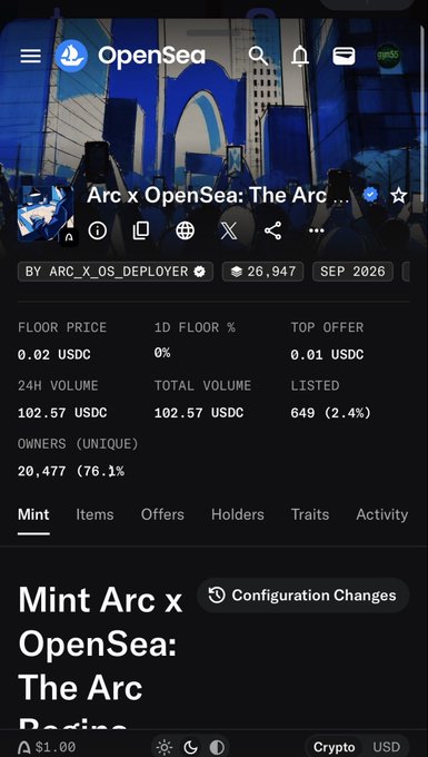 OpenSea mobile screenshot of the 'Arc x OpenSea: The Arc' NFT mint page showing a 24H volume of 102.57 USDC.