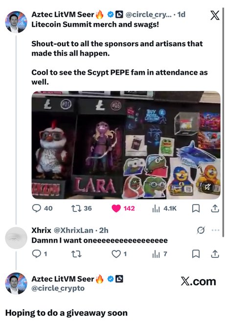 A Twitter/X post from @circle_cry... about Litecoin Summit merch and swags, mentioning sponsors and the Scrypt PEPE community, with 40 replies, 36 reposts, 142 likes, and 4.1K views, showing images of PEPE merchandise.