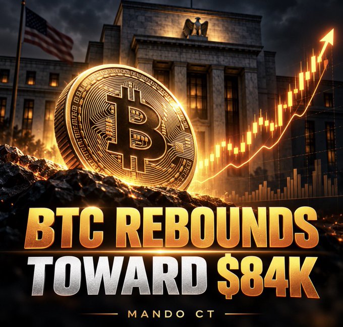 A golden Bitcoin coin sits atop a rocky outcrop in front of the Federal Reserve building, accompanied by an upward-trending candlestick chart, with bold text reading "BTC REBOUNDS TOWARD $84K" and "MANDO CT" beneath it—visually reinforcing the post's message of Bitcoin's price recovery toward $84K amid cautious optimism following Fed commentary on 2027.