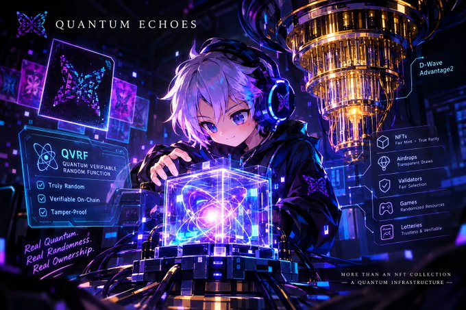 Promotional graphic for 'Quantum Echoes' NFT collection featuring anime-style character with quantum computing imagery, highlighting 'QVRF Quantum Verifiable Random Function' features and 'D-Wave Advantage2' technology.