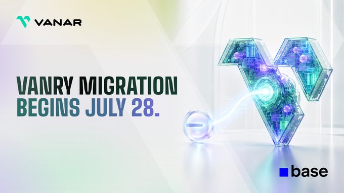 A promotional graphic announcing the VANRY migration, featuring the Vanar logo and a glowing "V" emblem being struck by an energy beam, with the text "VANRY MIGRATION BEGINS JULY 28" alongside the Base network logo, directly illustrating the post's announcement of the upcoming token swap to the Base blockchain on that date.