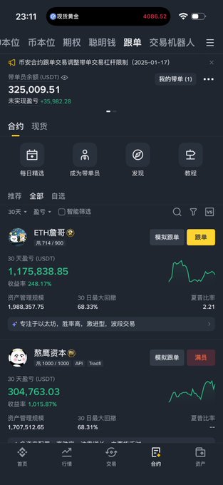 This screenshot from the Binance app shows a trading interface with details on two traders: "ETH詹哥" with a 30-day profit of 1,175,838.85 USDT and a 248.17% yield, and "熬鹰资本" with a 30-day profit of 304,763.03 USDT and a 1,015.87% yield. The post expresses confusion as to why these high-performing traders aren't featured on the homepage recommendation list.