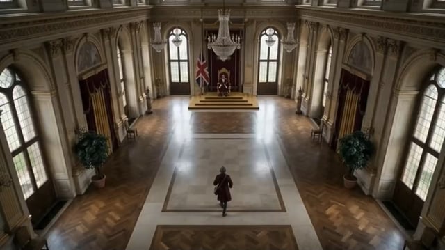 A cinematic view of a grand palatial hall with a British flag, ornate chandeliers, and a small figure in a red coat standing on the polished floor.