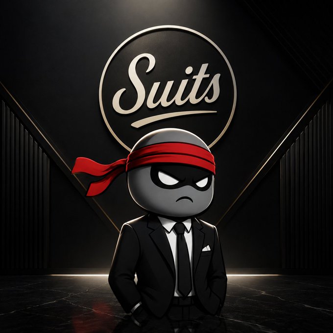A stylized cartoon ninja character wearing a sharp black suit and red headband stands beneath a bold "Suits" logo in a dark, elegant hallway, visually representing the "SuitsOnHood" brand featured in the post.