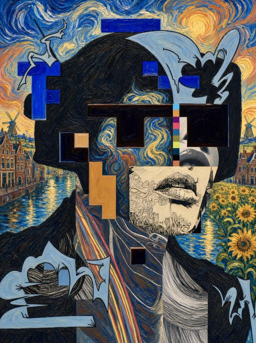 A mixed-media collage artwork features a portrait of a bearded man overlaid on a Van Gogh 'Starry Night' style background, with geometric shapes and sunflower imagery.