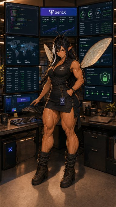AI-generated illustration of a muscular woman with pointed ears and fairy wings in a black outfit, standing in front of multiple monitors displaying cryptocurrency trading dashboards for 'SentX'.
