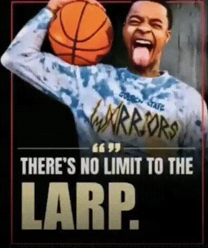 A meme featuring basketball player Jordan Poole in a Golden State Warriors shirt holding a basketball and sticking out his tongue, with the text 'THERE'S NO LIMIT TO THE LARP.'