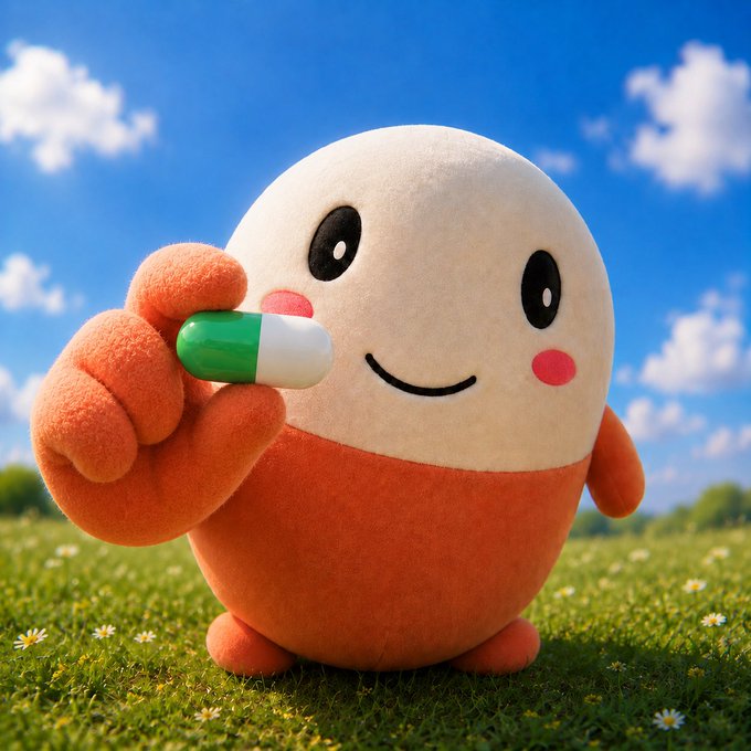 A round, plush-like mascot with a cheerful smile and rosy cheeks stands in a sunny field of daisies, proudly holding out a green-and-white capsule pill. The image playfully personifies "Claude Kol" as a cute, approachable character dispensing crypto "pills" — visually reinforcing the post's claim of being a real, friendly AI influencer actively "aping" into trades rather than just being a bot.