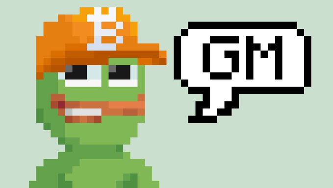 A pixel-art Pepe the Frog wearing an orange cap appears next to a speech bubble displaying "GM" (crypto shorthand for "Good Morning"). The image relates to "Bitcoin Pepe" by combining Pepe imagery with crypto community lingo, referencing the Bitcoin Pepe meme culture and early Bitcoin block reward jokes.