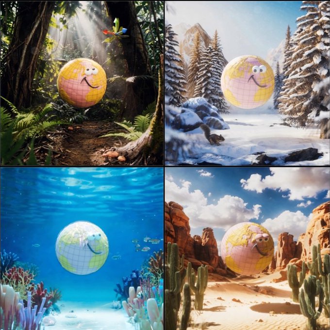 A four-panel grid showing an animated, smiling Earth globe character in different environments: a forest, a snowy mountain landscape, underwater, and a desert with cacti.