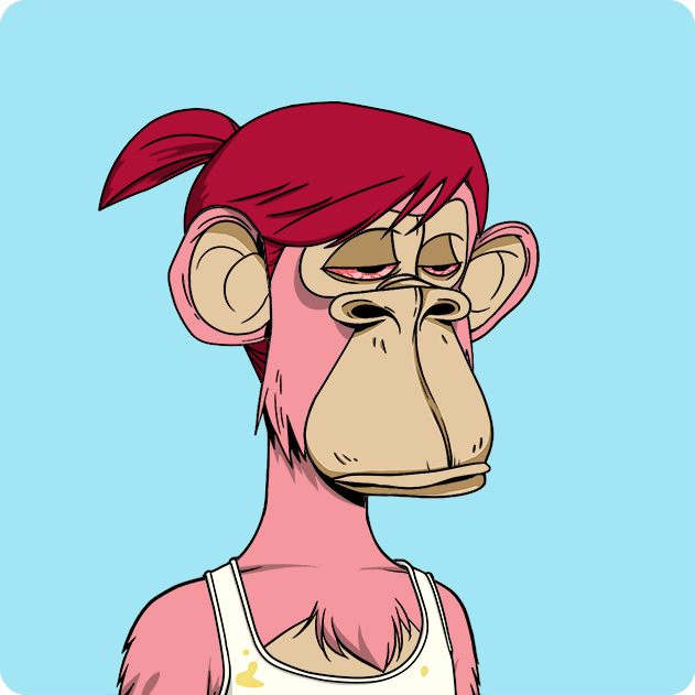 Cartoon-style illustration of a pink-furred monkey with red hair tied in a small ponytail, wearing a white tank top, featuring a weary or unimpressed expression.