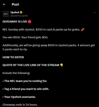 A social media post by Upshot (@upshot.cards) announcing a GIVEAWAY IS LIVE for NFL Sunday with $250 in cash and packs up for grabs, detailing entry requirements and a 24-hour end time.