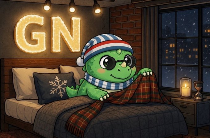 A cute green cartoon character wearing a striped nightcap and scarf sits in a cozy bed with a plaid blanket, beside a glowing 'GN' sign and a snowy window.