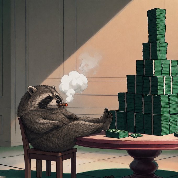 An illustration of a raccoon relaxing in a chair with its feet up on a table, smoking a cigar next to a massive pyramid of stacked cash.