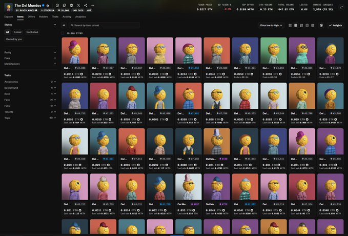 A screenshot of the OpenSea NFT marketplace showing 'The Doi Mundos' collection, displaying a grid of cartoonish 3D avatar character NFTs with various traits and prices.