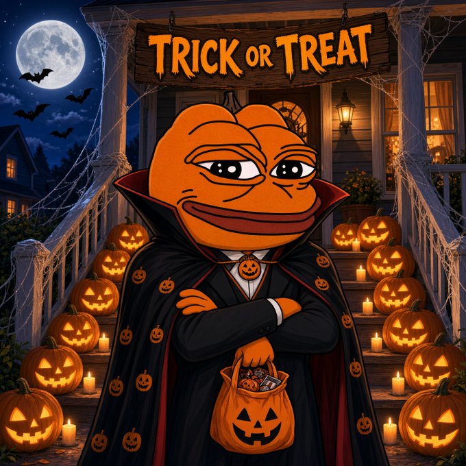 A cartoon illustration shows an orange character in a vampire costume holding a pumpkin-shaped trick-or-treat bag, standing on the steps of a house decorated for Halloween with jack-o'-lanterns, candles, and a 'TRICK OR TREAT' sign.