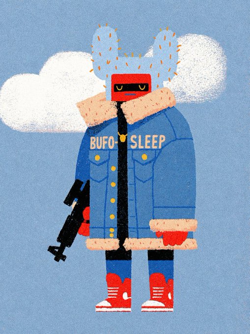 Illustrated character wearing a large blue winter coat with 'BUFO SLEEP' printed on it, red boots, and a red box-shaped helmet, holding a rifle against a blue sky with clouds.