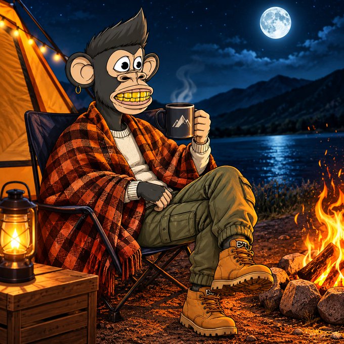 A cartoon illustration of a Bored Ape-style monkey character with gold teeth wearing a plaid shawl and boots, sitting by a campfire at night holding a steaming mug.