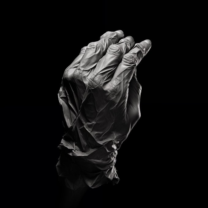 A striking black and white photograph of a hand draped in crumpled cloth against a dark background.