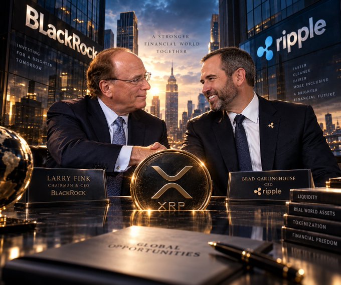 A promotional image showing Larry Fink (BlackRock Chairman & CEO) and Brad Garlinghouse (Ripple CTO) shaking hands over an XRP coin, with text reading 'A STRONGER FINANCIAL WORLD TOGETHER'.