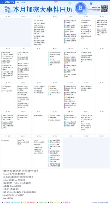 An infographic from PANews (9月/2026) showing a calendar of crypto events for the month, with various dates listed including NFTNYC 2026, LINE GAME3, Solaya platform, Coinbase derivatives, and other cryptocurrency industry events.