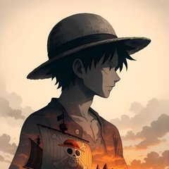 An anime-style character wearing a wide-brimmed hat and a shirt with a skull design stands against a sunset background.